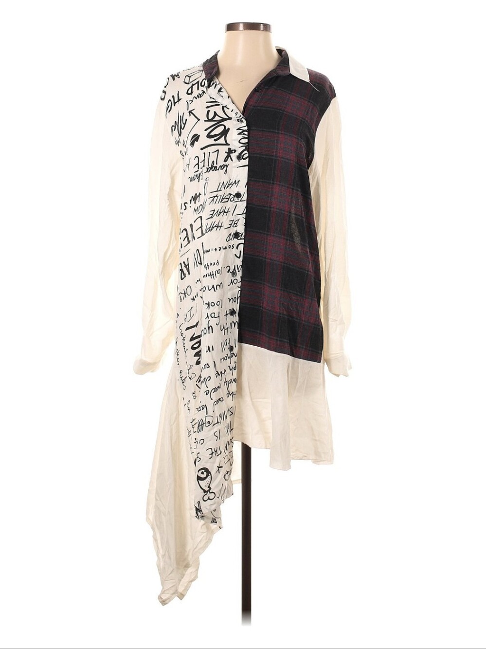 Wiya Made in Italy Asymmetrical Graffiti Script & Plaid Tunic Shirt Dress S/M